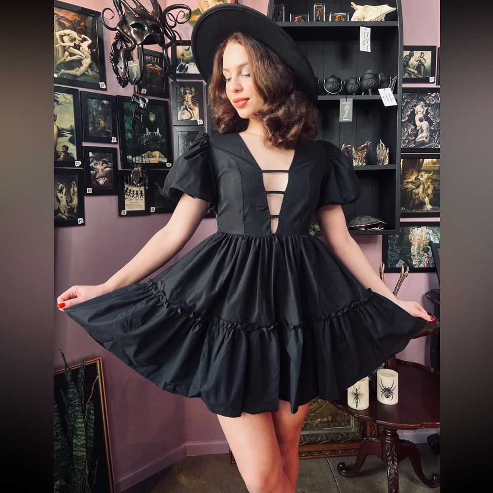 New Black Cottagecore Gothic Bubble Sleeve Cutout Tiered Mini Dress XL